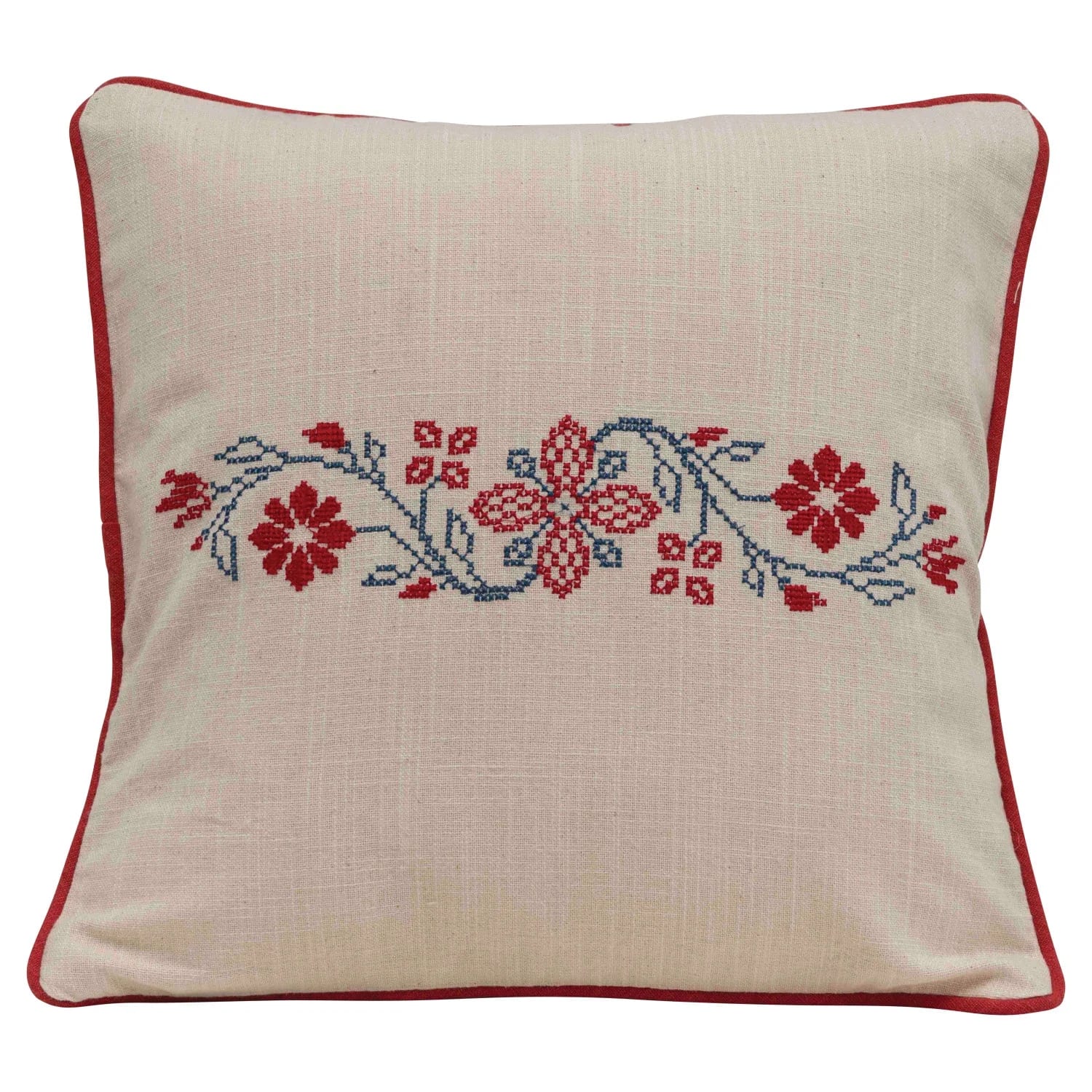 18" Cotton Floral Pillow with Embroidery