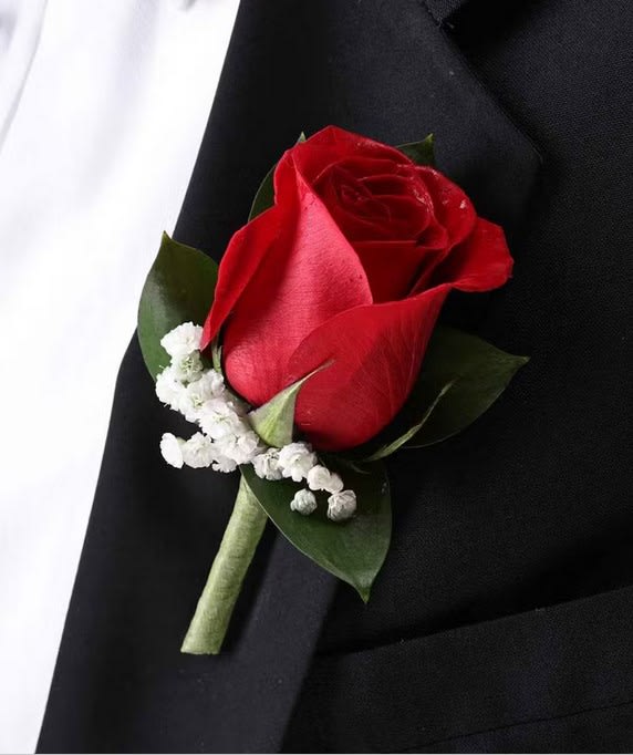Red Rose Boutonniere with Babies Breath