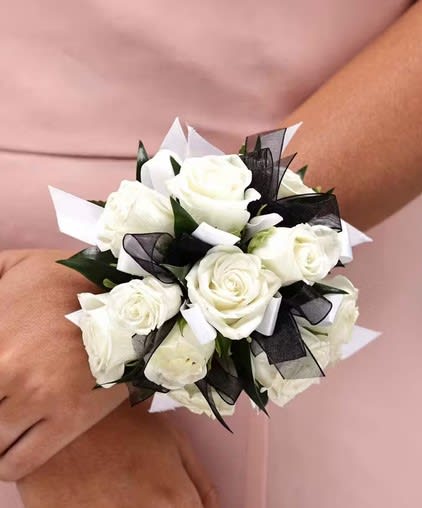White Sweetheart Rose Wrist Corsage with Black Ribbon Accents