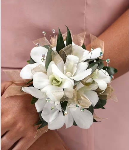 White Spray Roses & White Dendrobium Orchids with Rhinestones Flower Bouquet