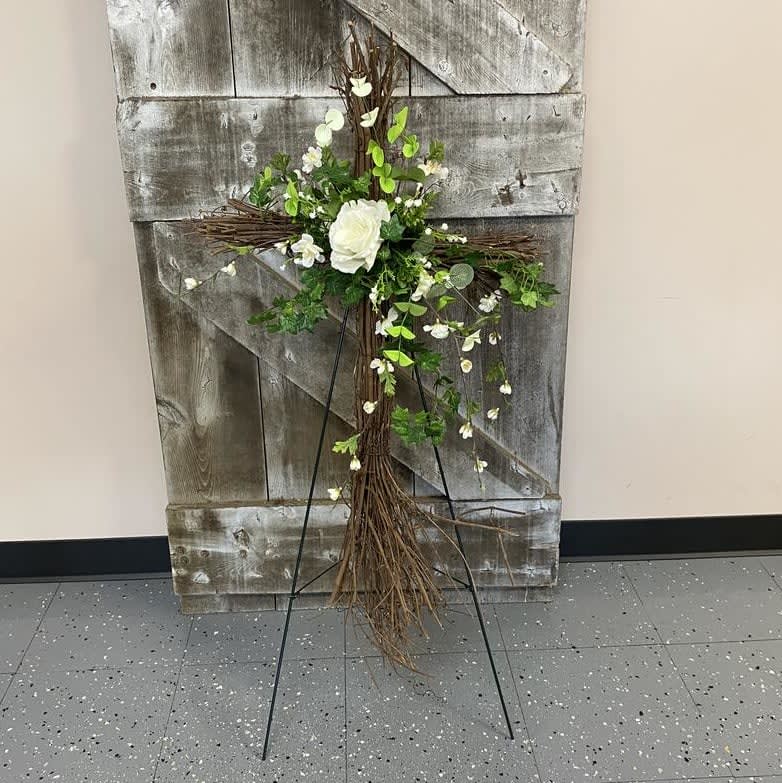 Cemetery Grapevine Crosses On Stand With Silk (Artificial) Floral Accents Flower Bouquet