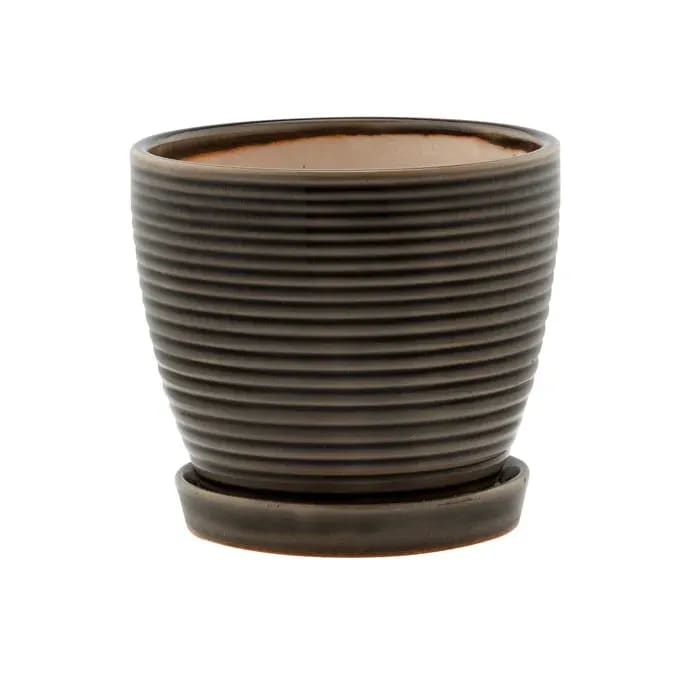6" Brown Ribbed Pot with Saucer