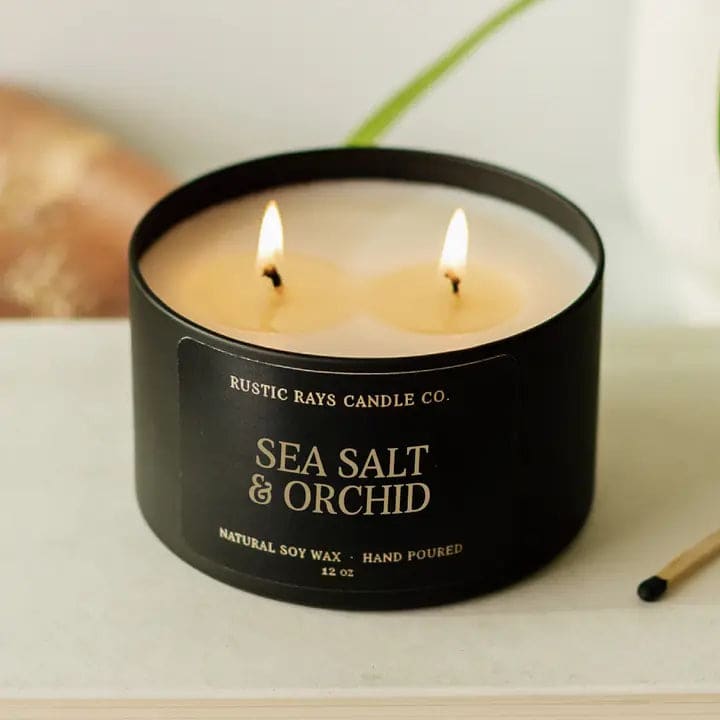 Sea Salt & Orchid Soy Candle - 12 oz Double Wick - Black Flower Bouquet