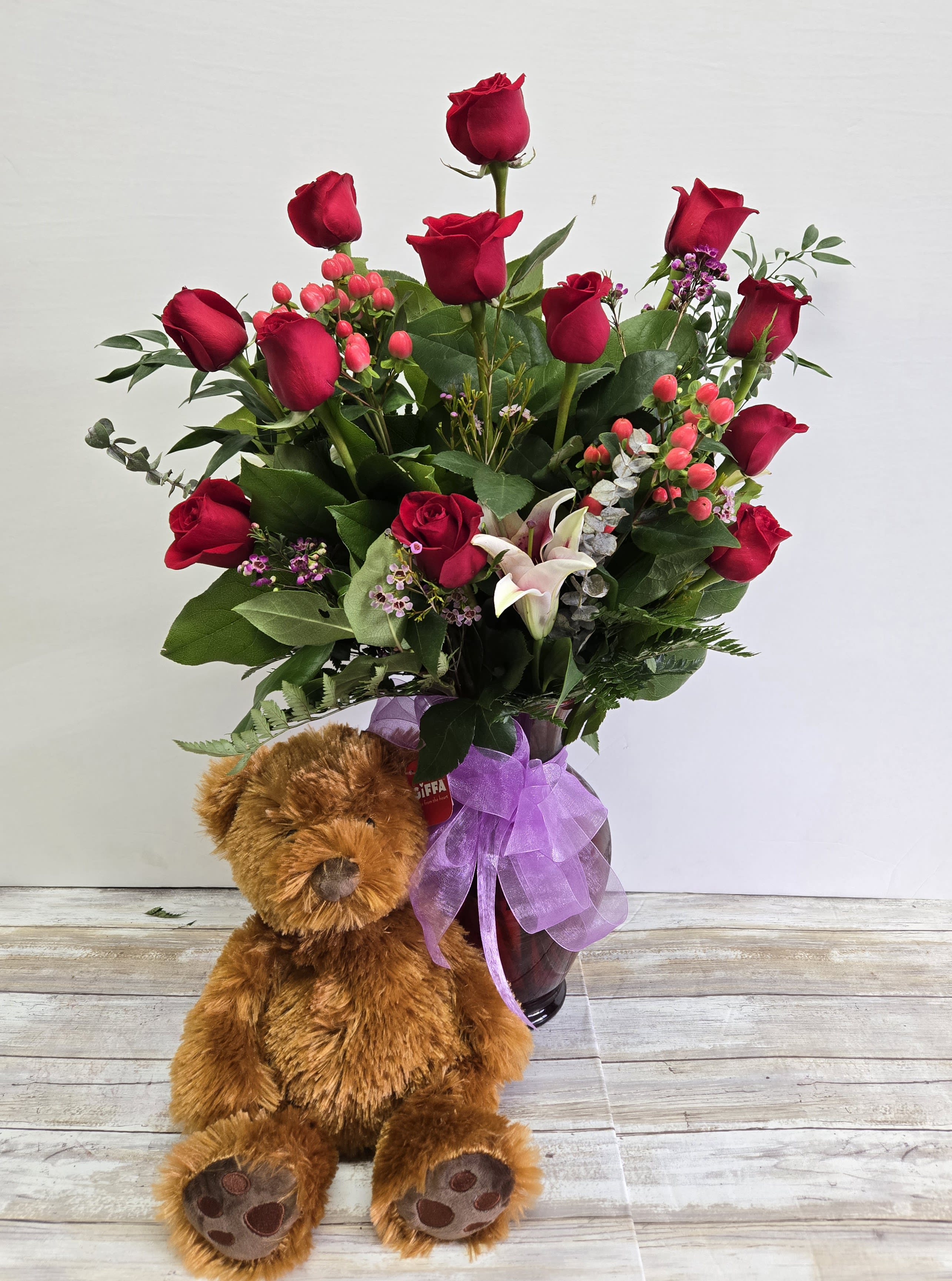 Super Deluxe Rose Arrangement with Plush Flower Bouquet