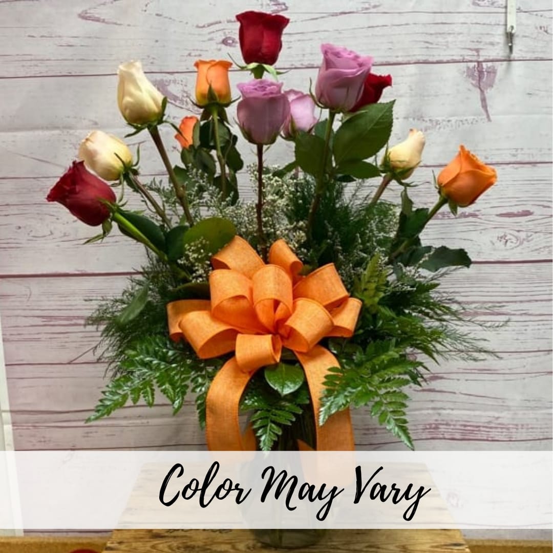 Mixed Color Roses in Clear Vase Flower Bouquet