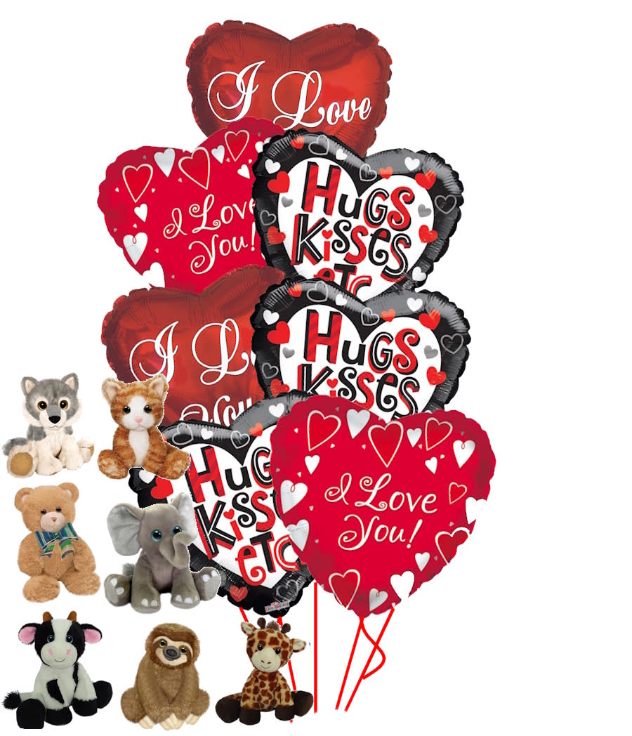 Seven Hugs and Kisses and I Love YOu balloon with your Choice of Stuffy