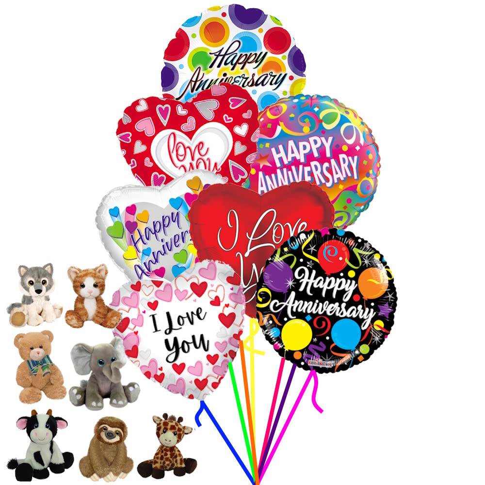 7 Happy Anniversary and I Love You Balloons with choice of plush