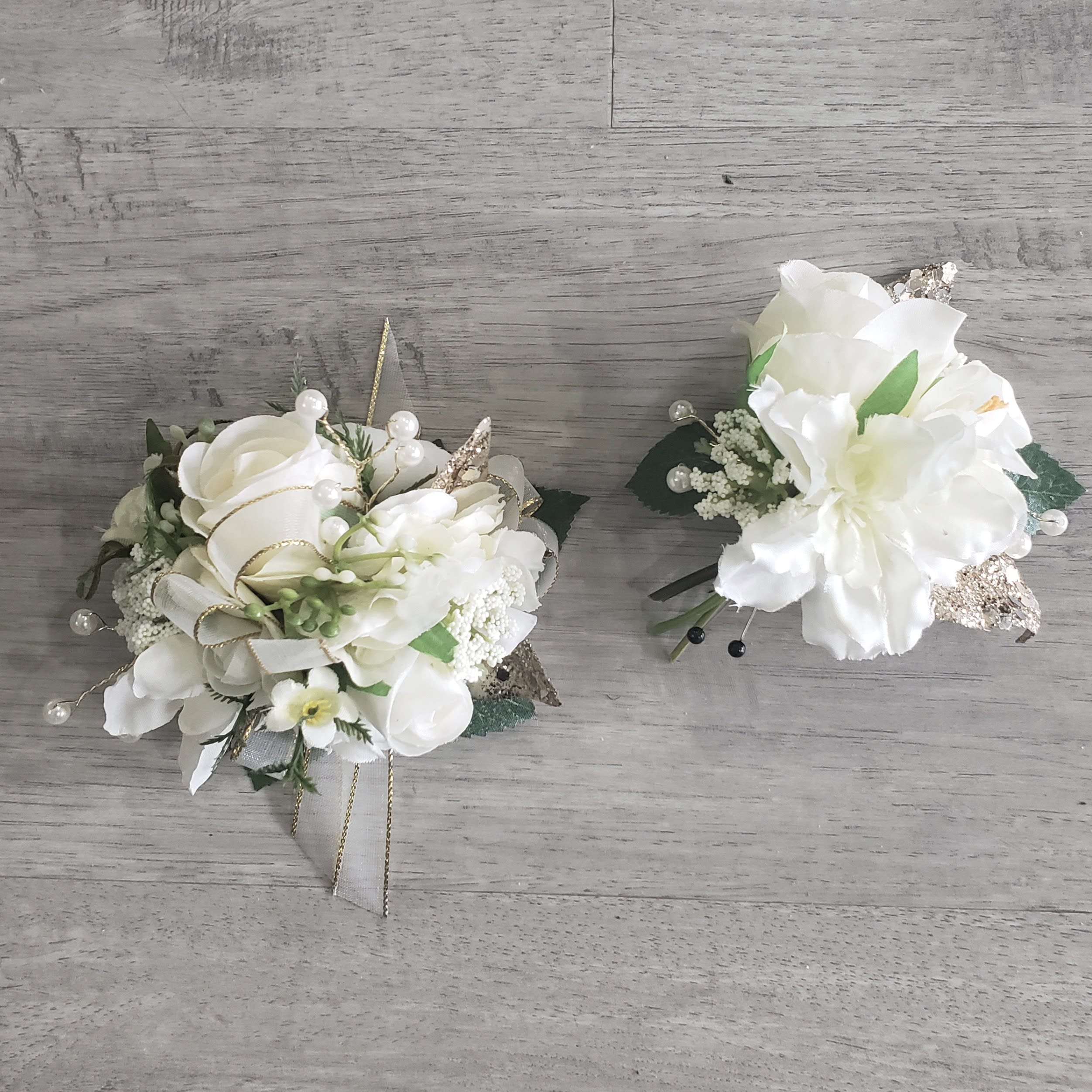 White Starlit Wrist Corsage and Boutonniere Set (Artificial/Silk)