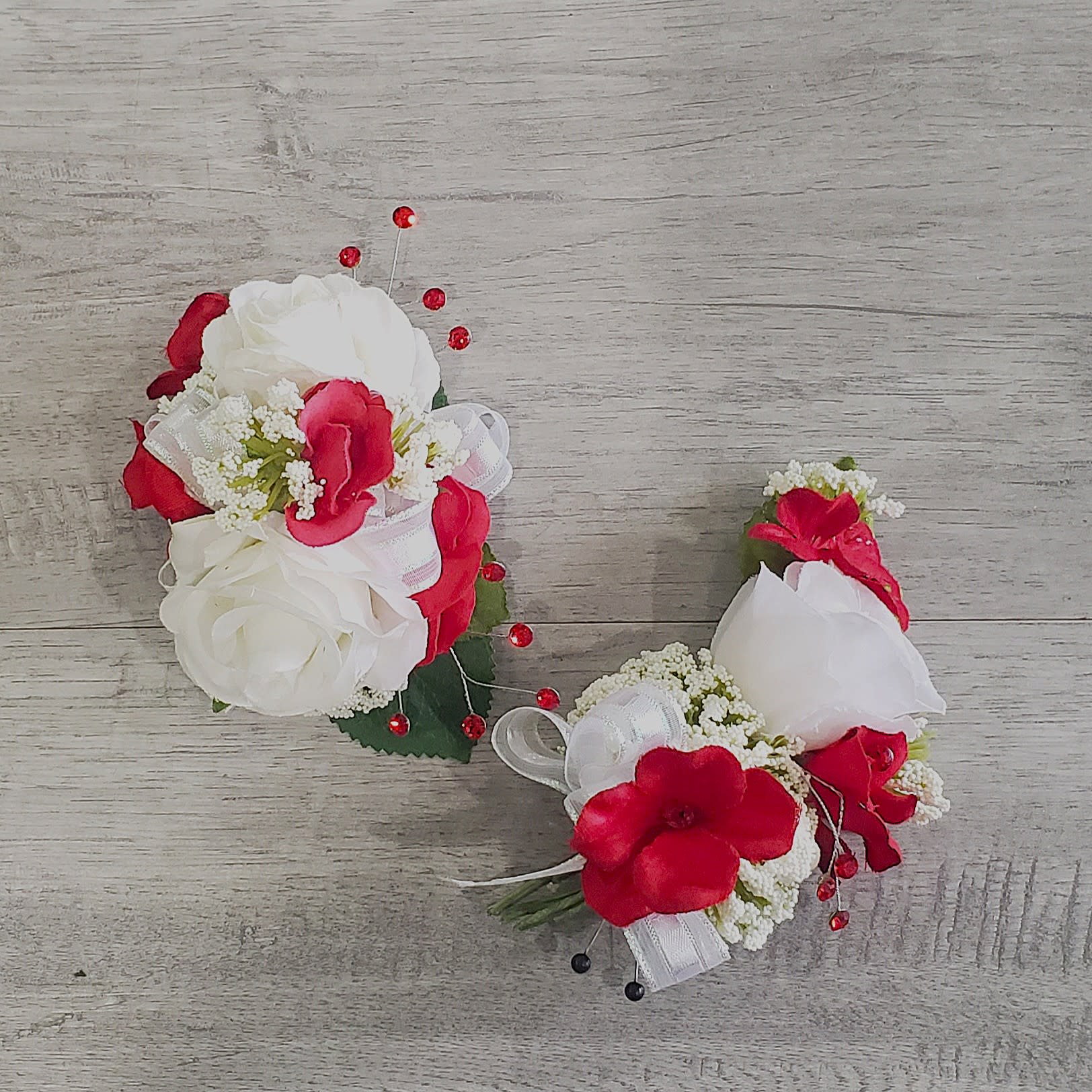 Red and White SILK Wrist Corsage and Boutonniere Set