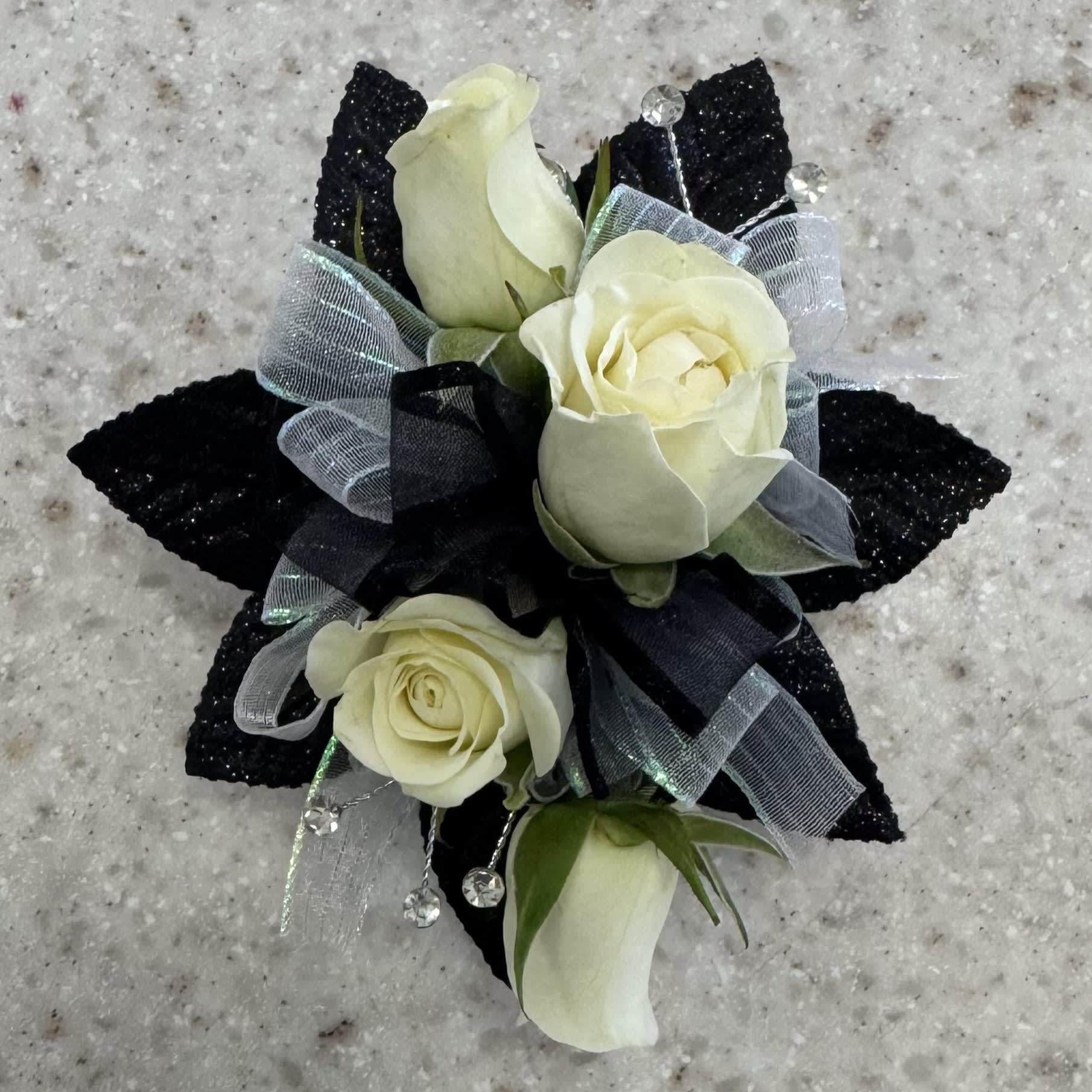 White Rose Wrist Corsage w/Black Accents Flower Bouquet