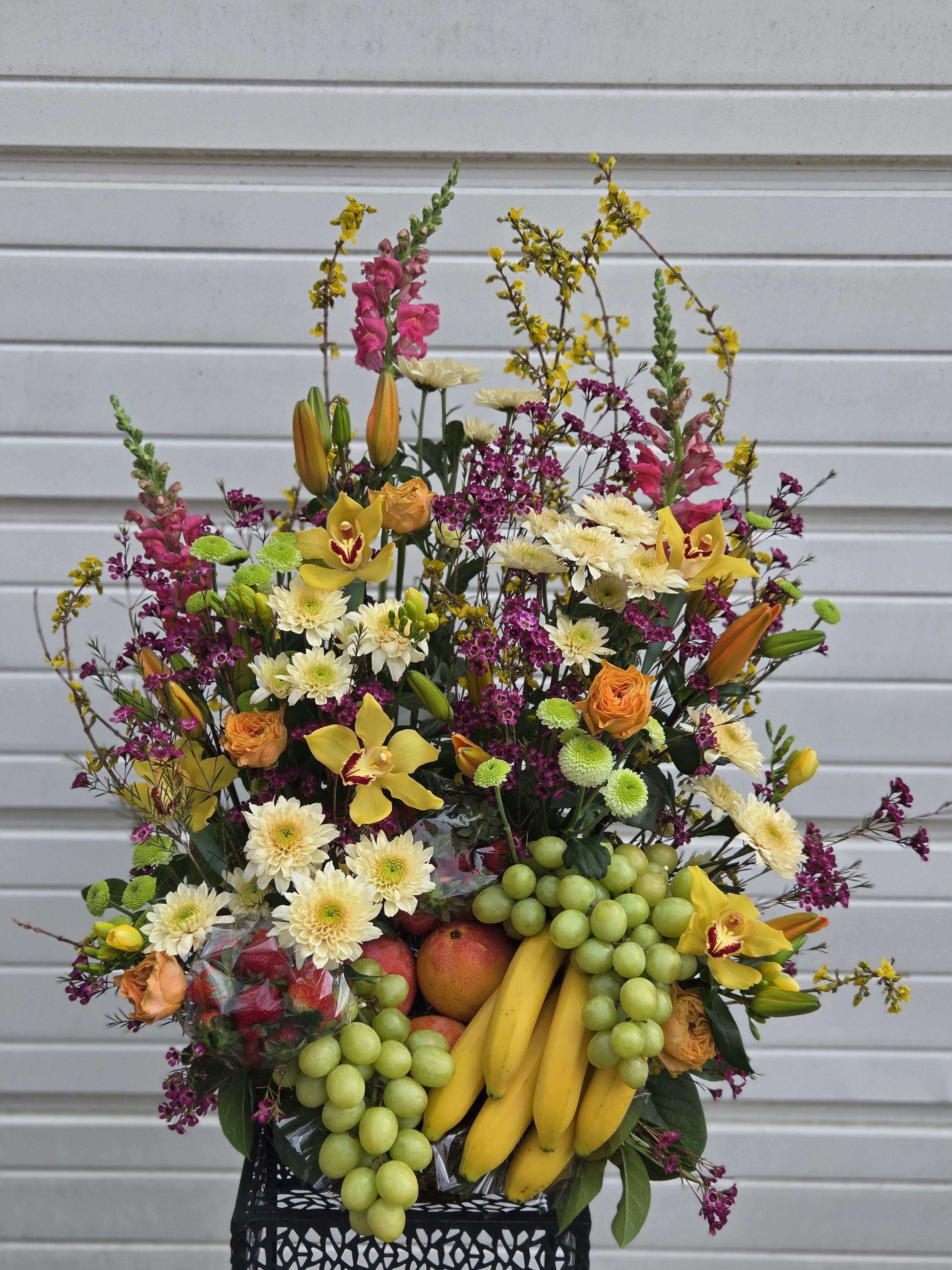 Fabulous Flowers & Fruit Basket Flower Bouquet