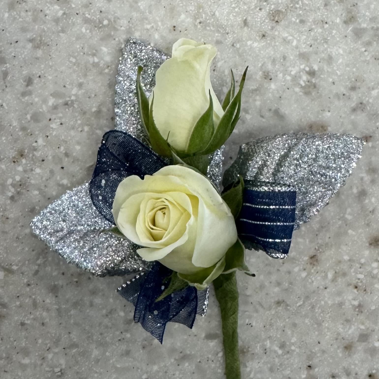 White Rose Boutonniere w/Navy & Silver Accents Flower Bouquet