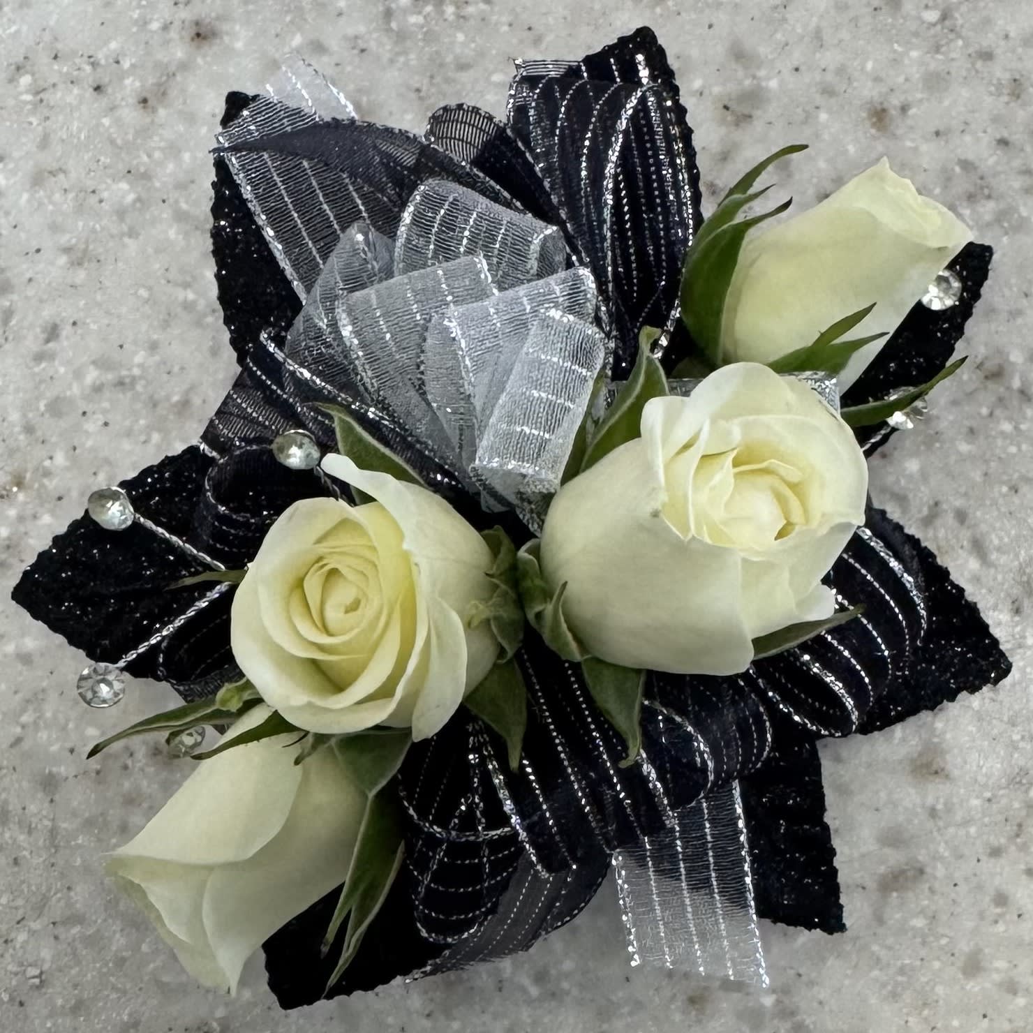 White Rose Wrist Corsage w/Black & Silver Accents