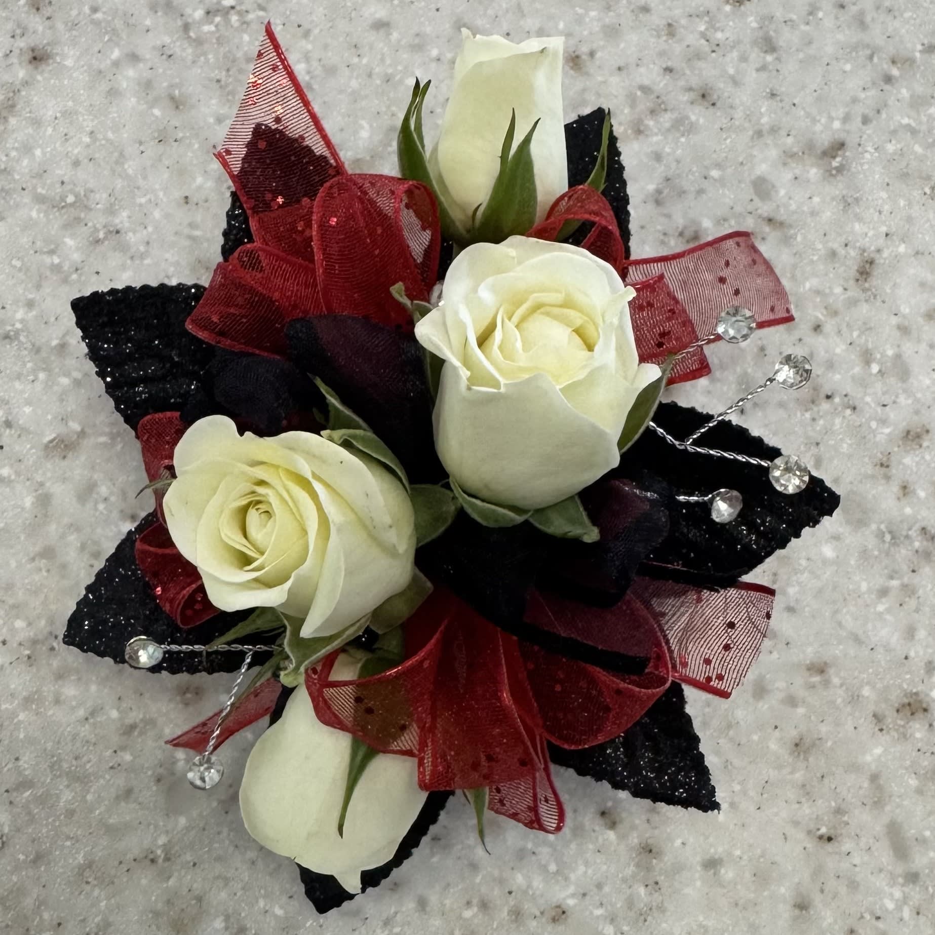 White Rose Wrist Corsage w/Black & Red Accents