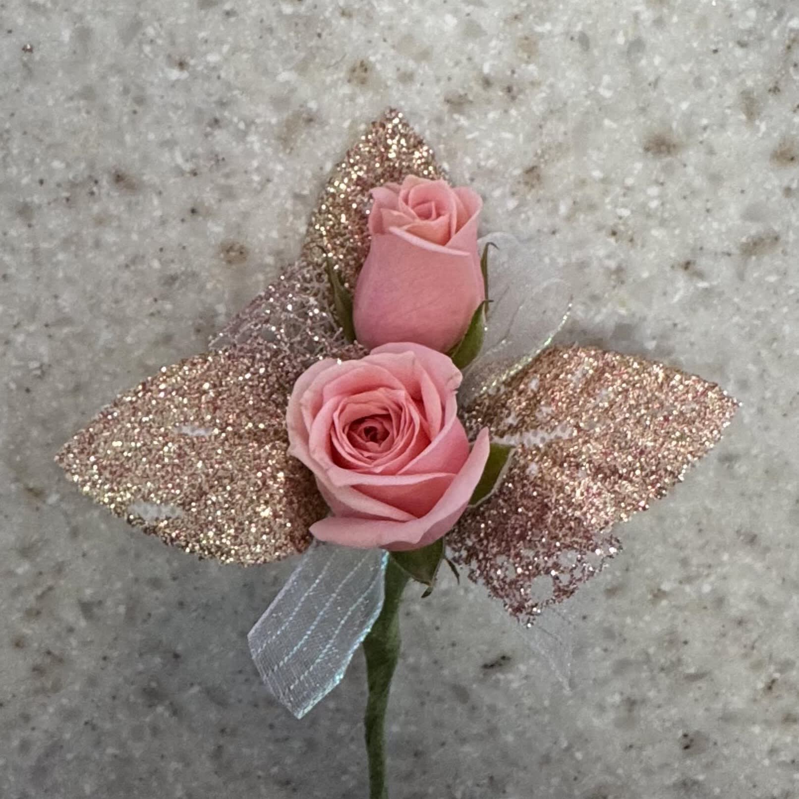 Pink Rose Boutonniere w/Rose Gold & Iridescent Accents Flower Bouquet