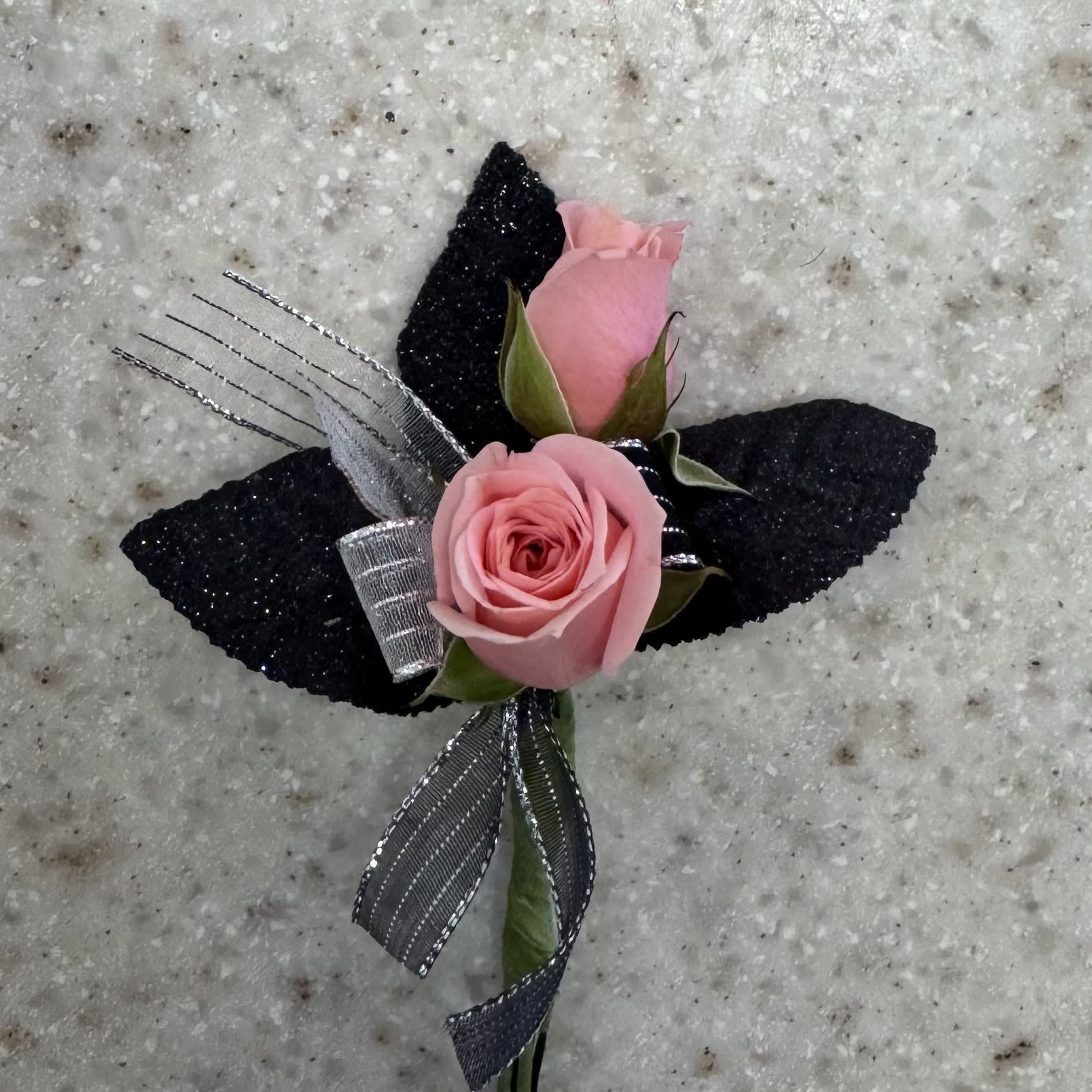 Pink Rose Boutonniere w/Black & Silver Accents