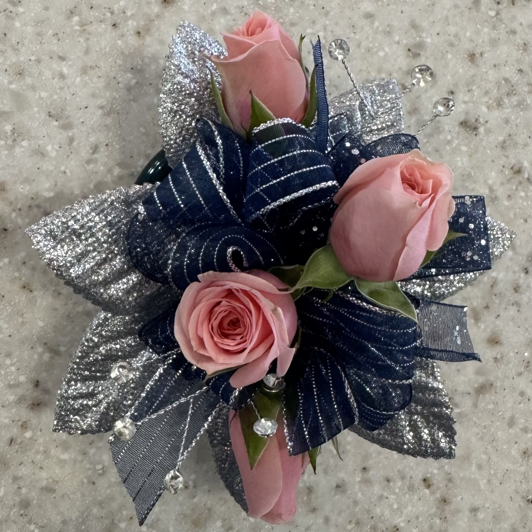 Pink Rose Wrist Corsage w/Navy & Silver Accents Flower Bouquet