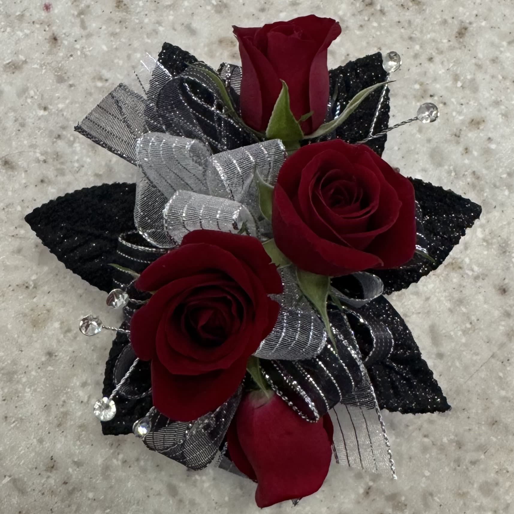 Red Rose Wrist Corsage w/Black & Silver Accents