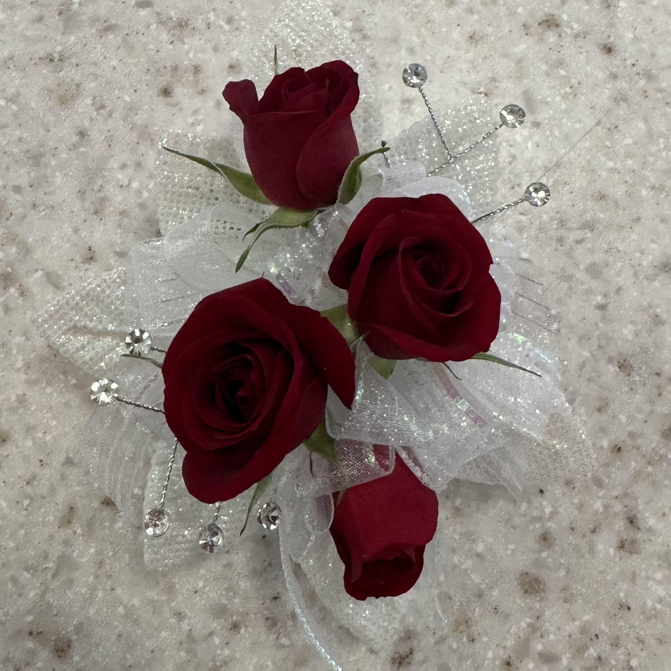 Red Rose Wrist Corsage w/Iridescent Accents