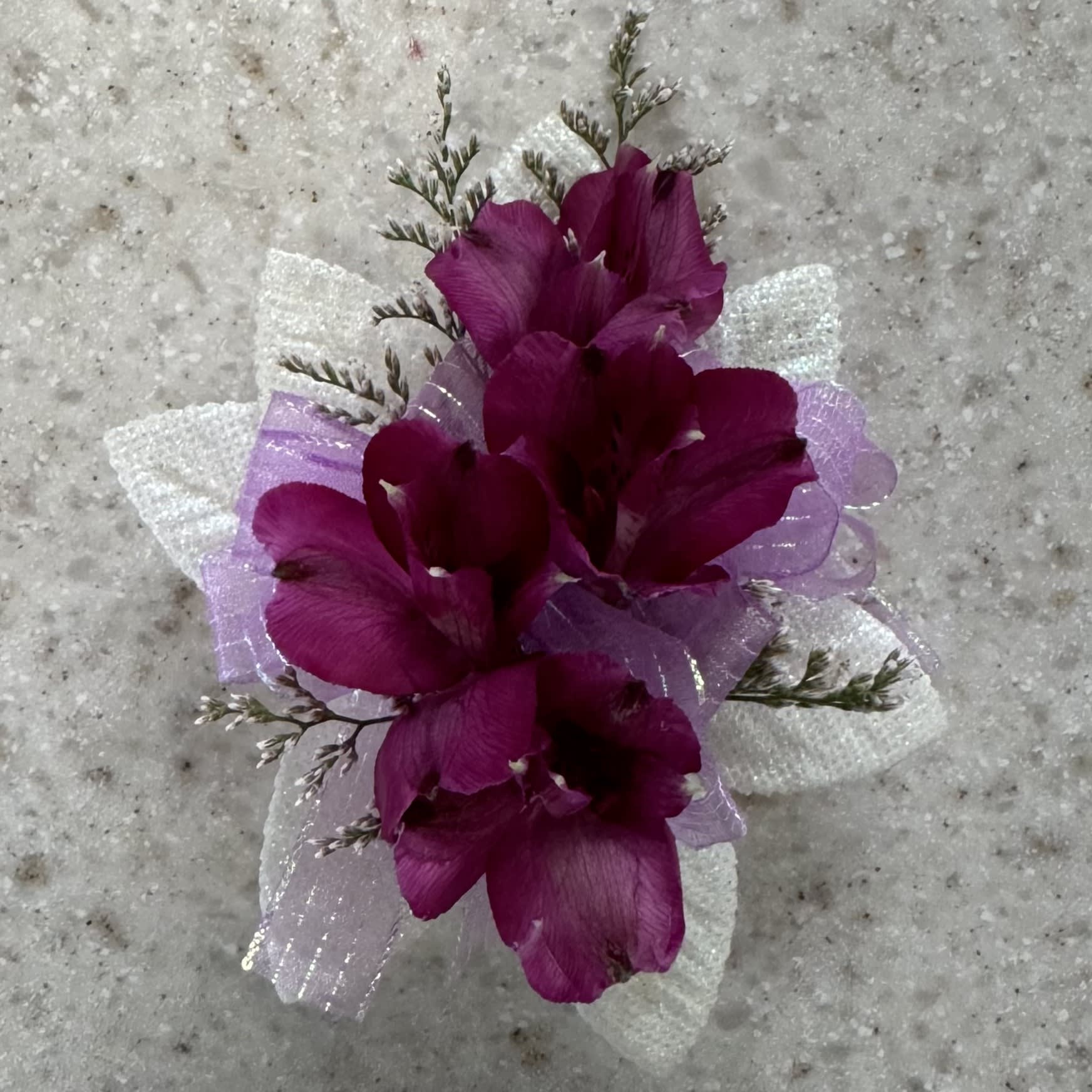 Purple Alstroemeria Wrist Corsage w/Lavender & Iridescent Accents