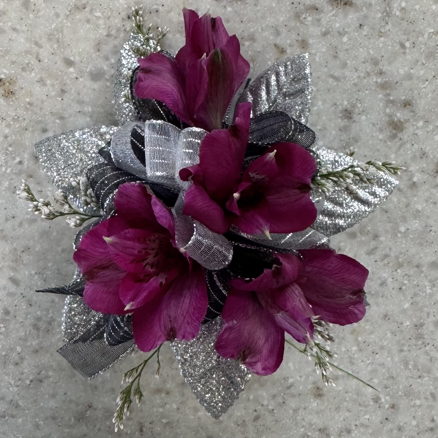 Purple Alstroemeria Wrist Corsage w/Silver & Black Accents