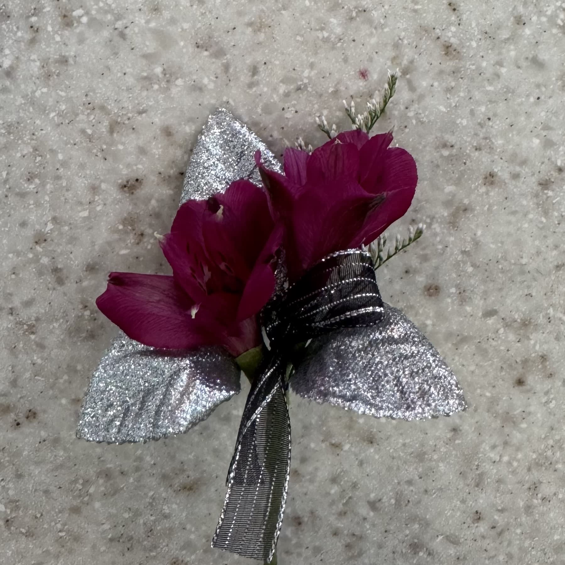 Purple Alstroemeria Boutinniere w/Silver & Black Accents