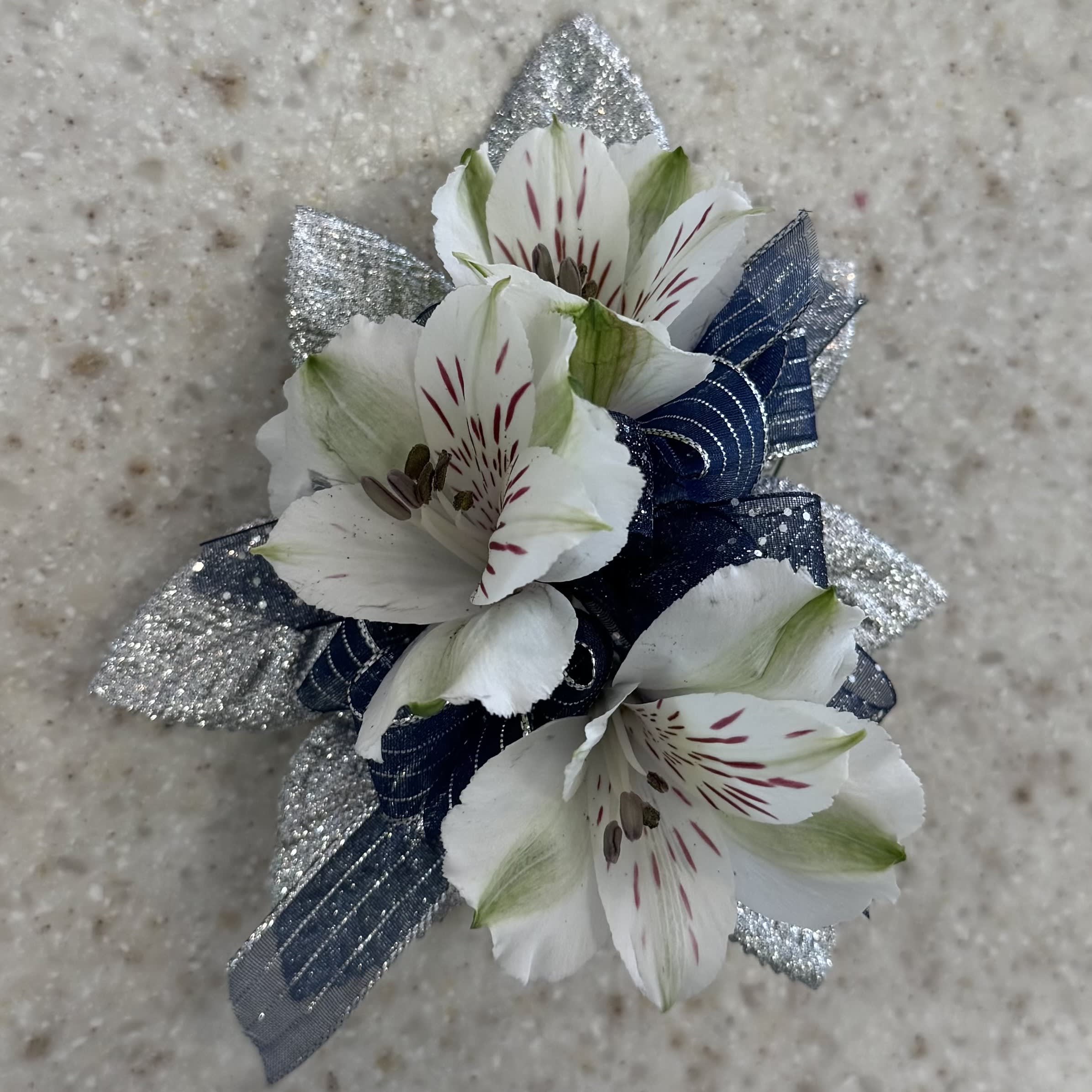 White Alstroemeria Wrist Corsage w/Silver & Navy Accents