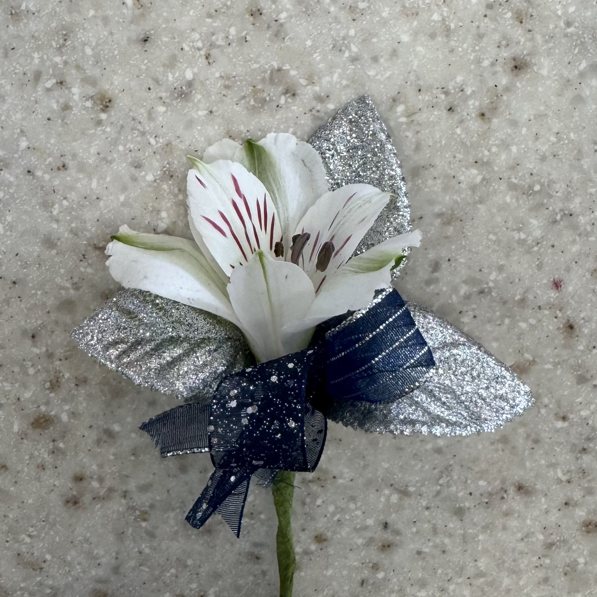 White Alstroemeria Boutonniere w/Silver & Navy Accents