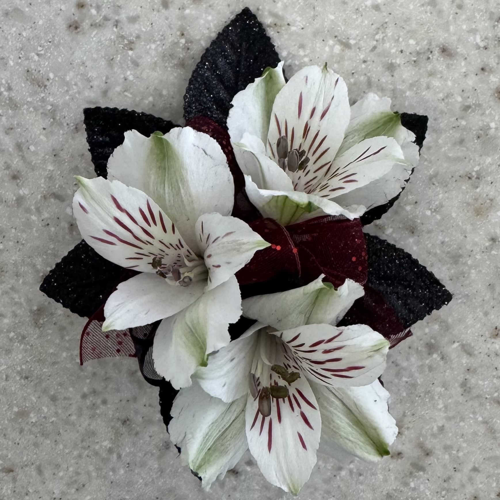 White Alstroemeria Wrist Corsage w/Black & Burgundy Accents