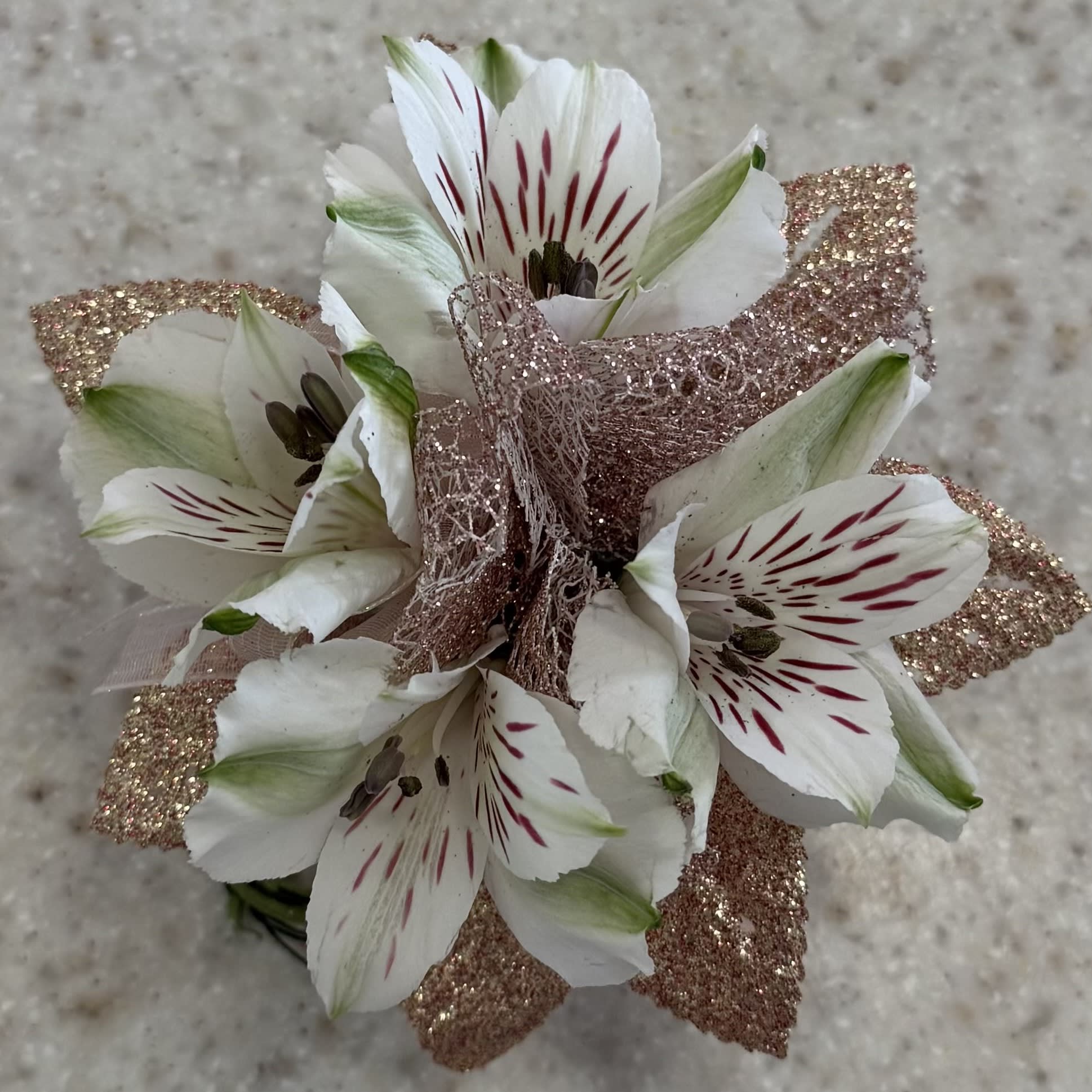 White Alstroemeria Wrist Corsage w/Rose Gold Accents