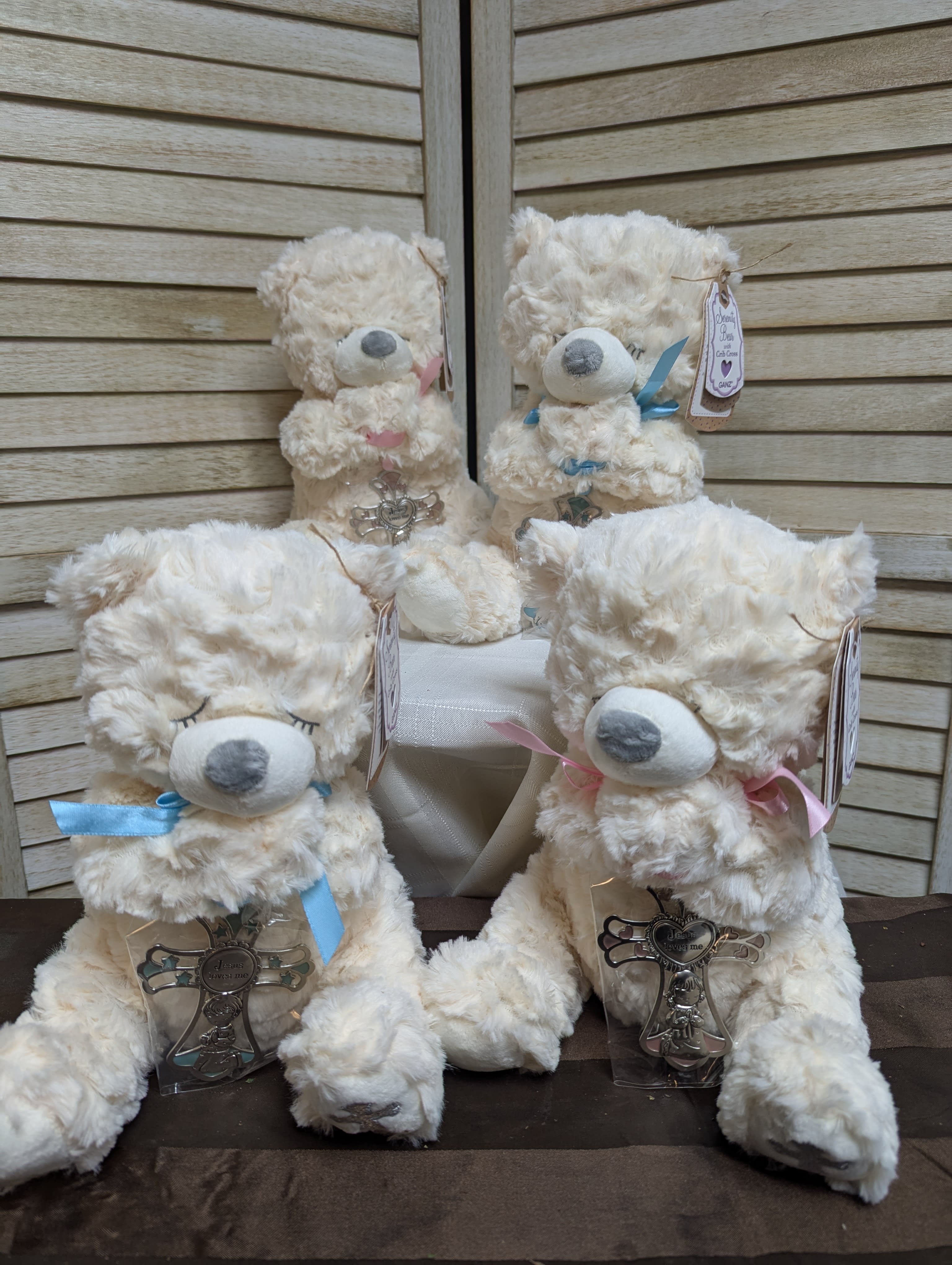 Prayer Bear with Silver Crib Cross Keepsake Flower Bouquet