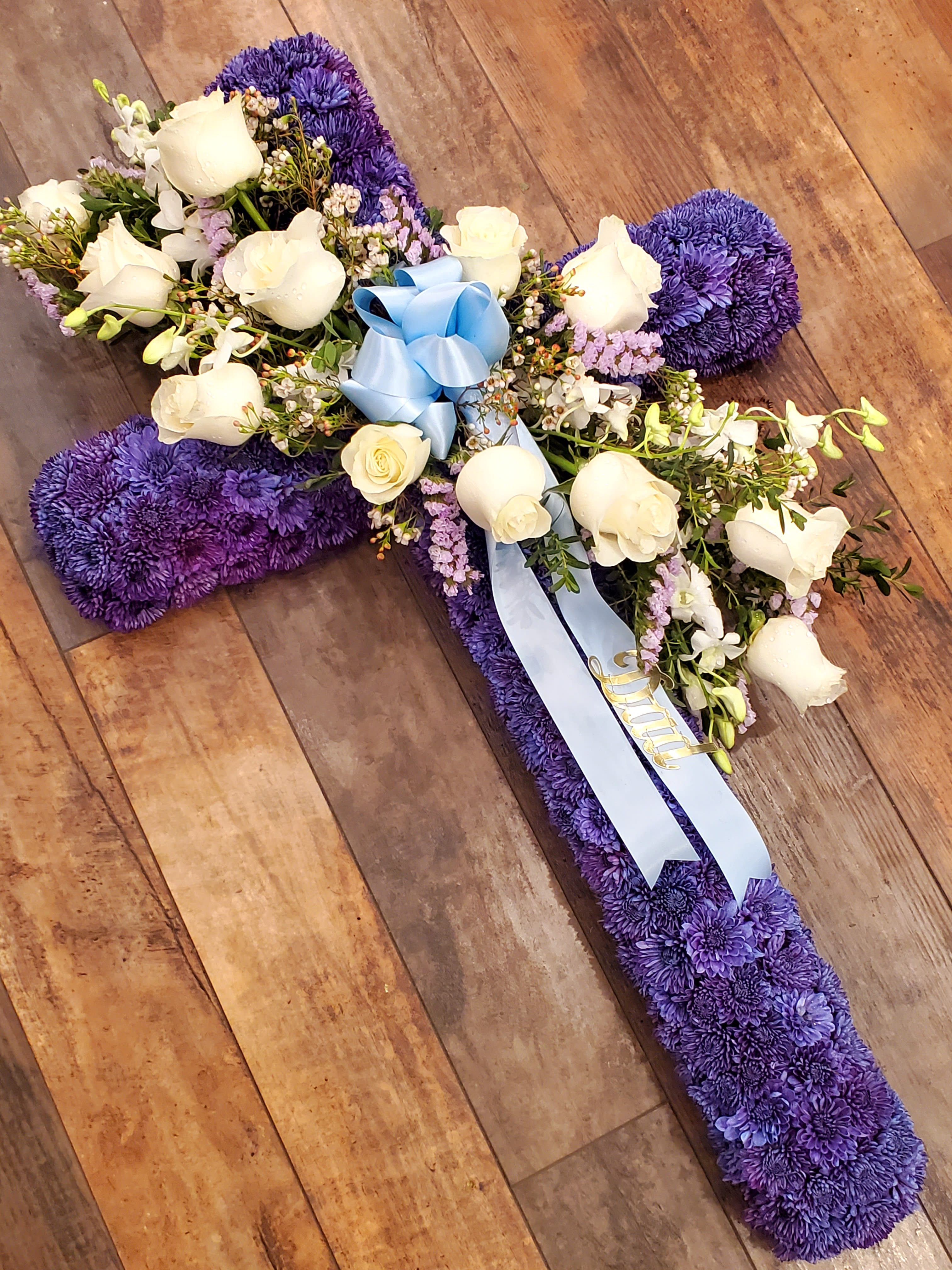 Blue White and Pinks Cross Flower Bouquet