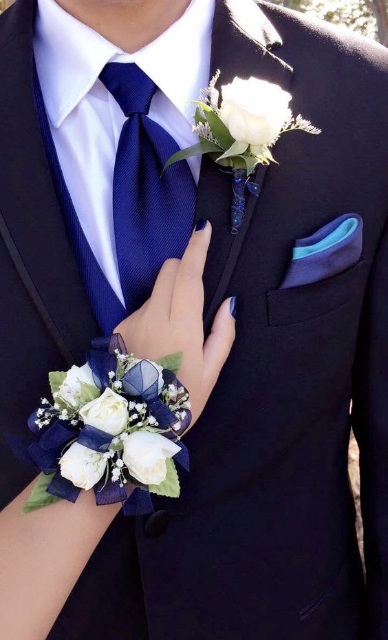 Prom Set- White & Blue Corsage and Boutonniere Flower Bouquet