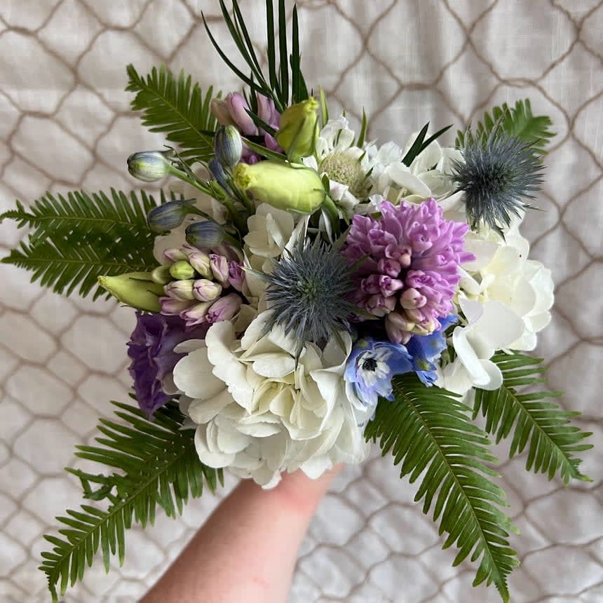 Blue, Purple, and White Tussie Mussie Flower Bouquet