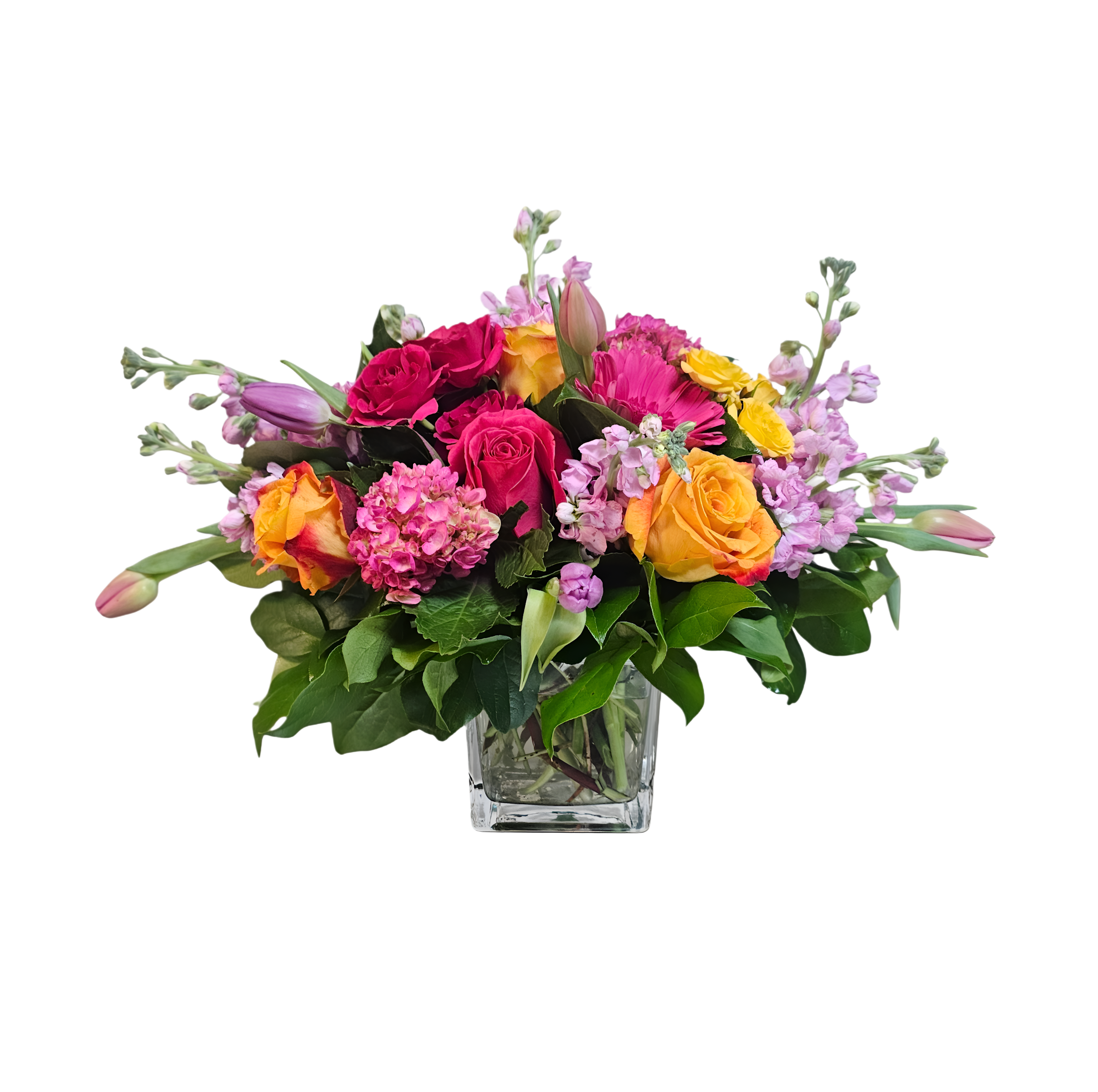 PA-7 Arreglo de hortensias, gerberas, rosas, tulipanes y stock