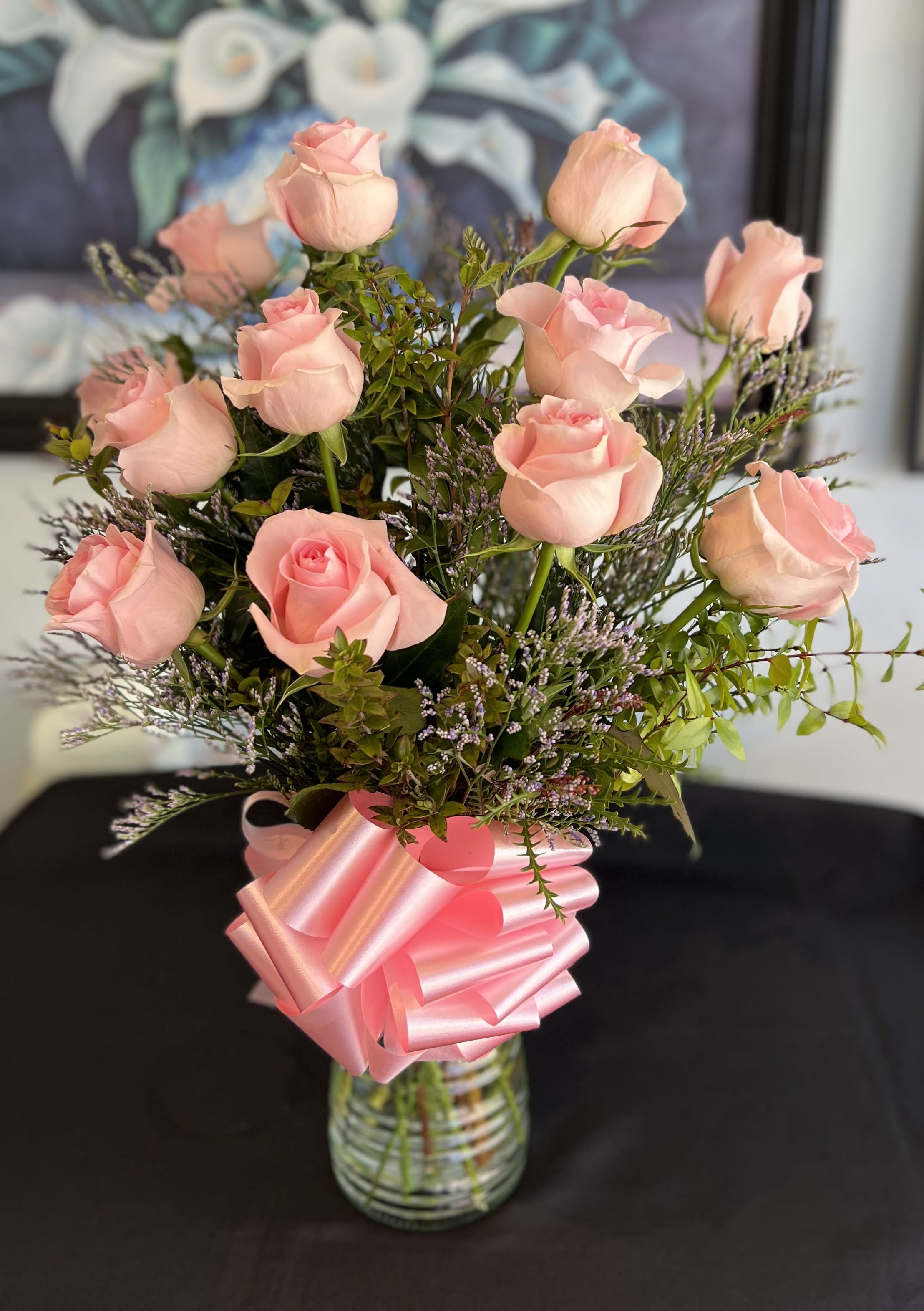 12 Pink Roses In A Vase
