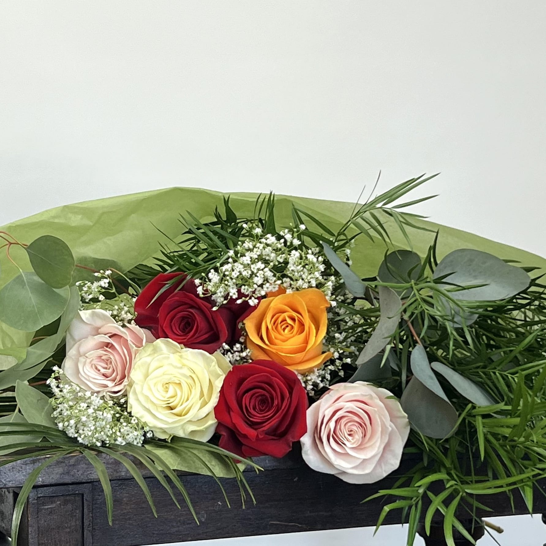 Mixed Color Roses Wrapped Flower Bouquet