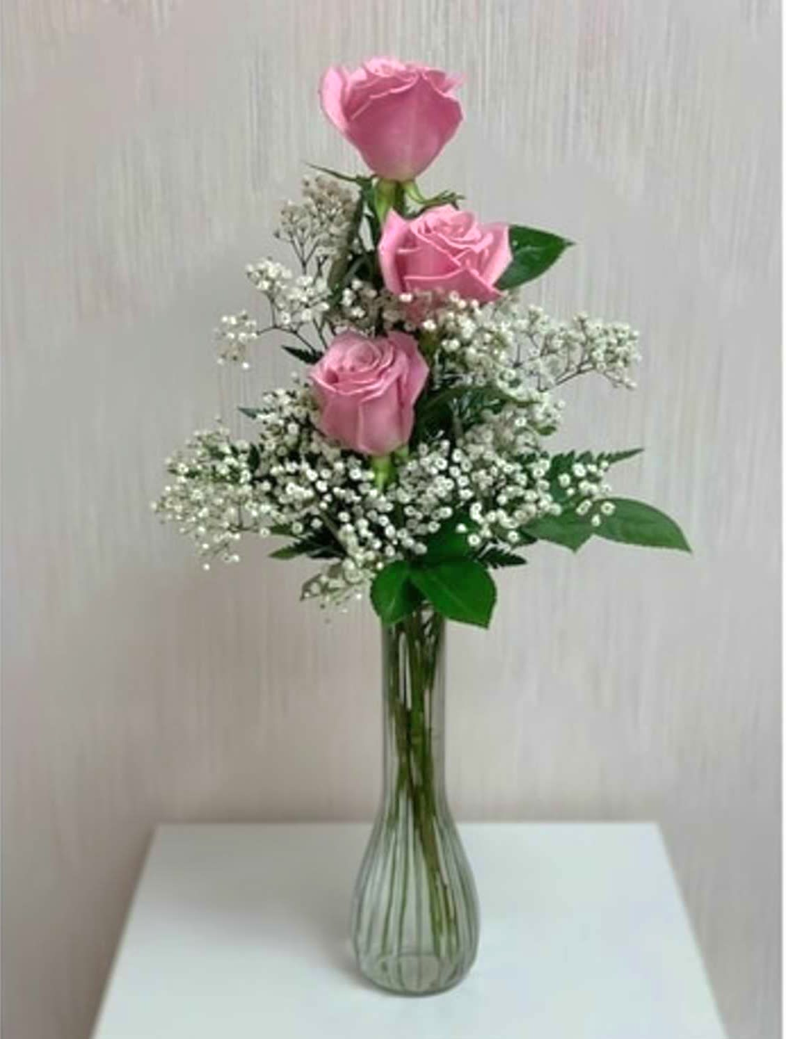 Three Light Pink  Roses in a Classic Bud Vase