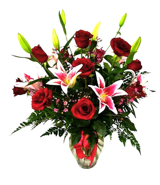 12 Long Stem, Red Roses with Stargazer Lilies R-1708