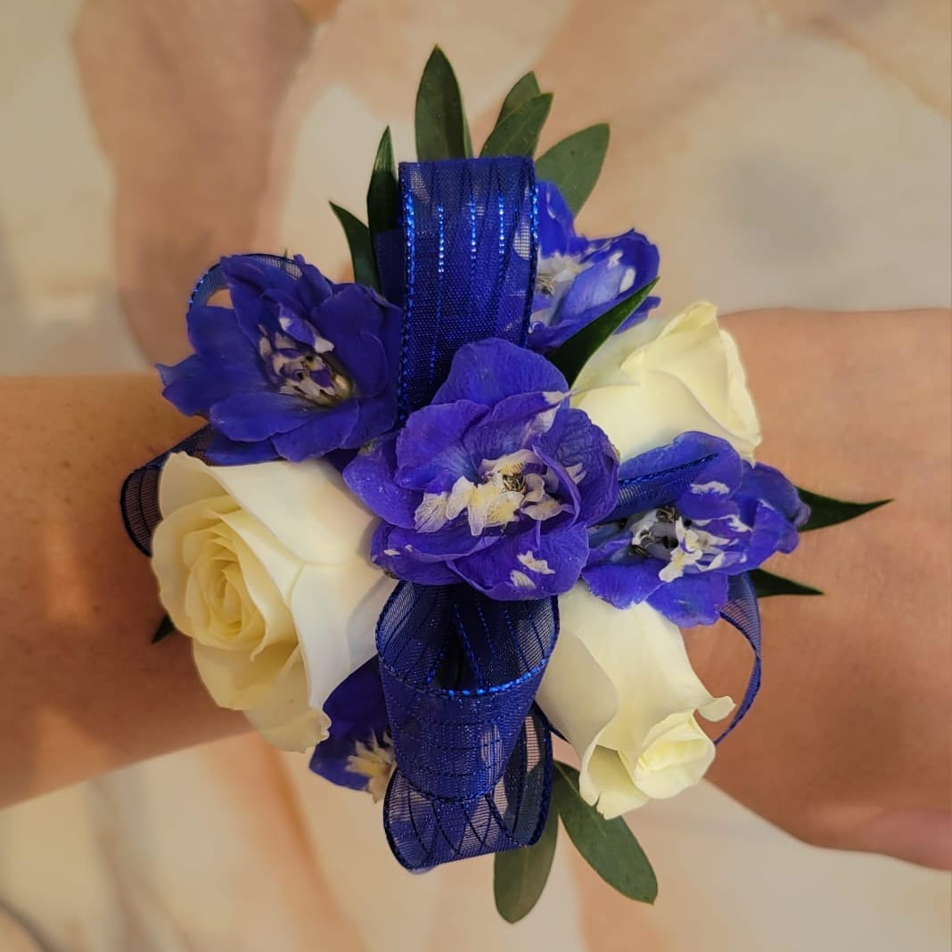 Royal Blue & White Wrist Corsage Flower Bouquet