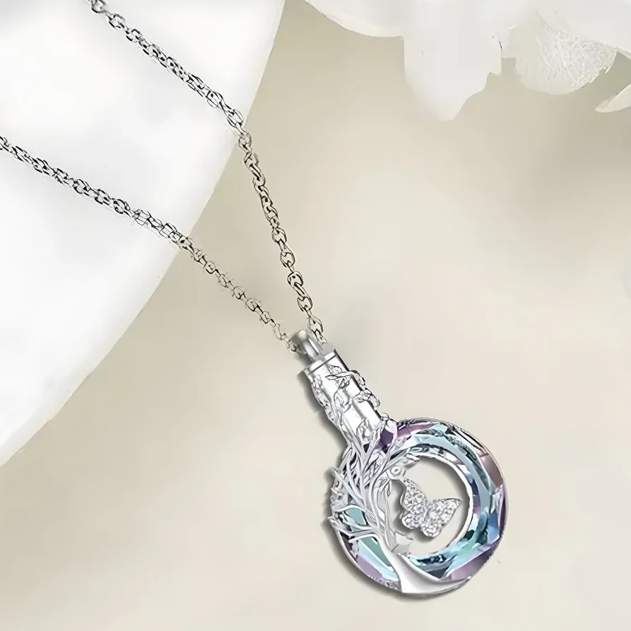 Circular Butterfly Tree of Life Keepsake Cremation Necklace