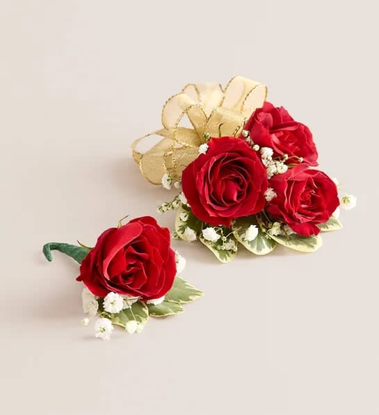 Red Spray Rose Corsage & Boutonniere