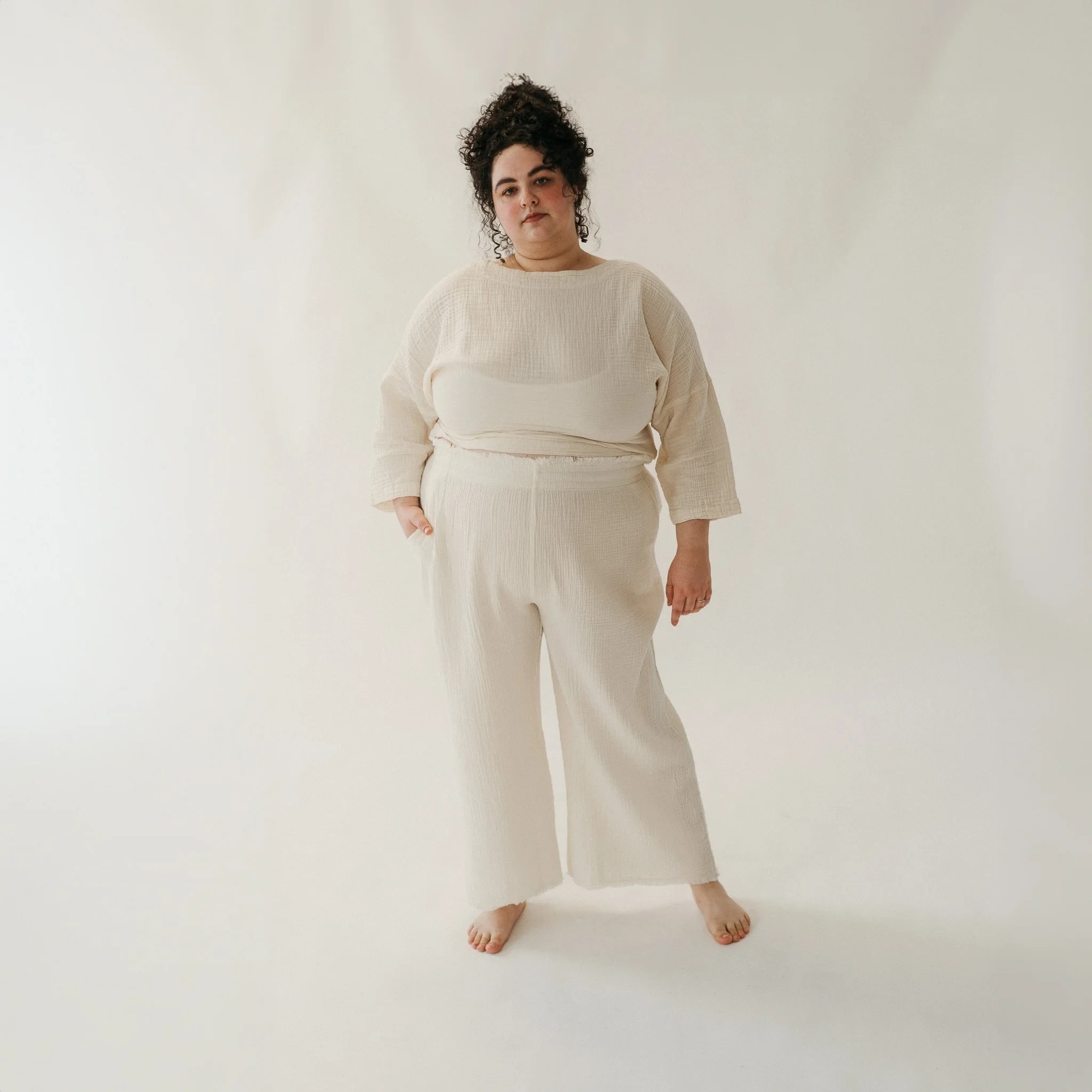 Crinkle Drawstring Palazzo Pants Plus - Cream