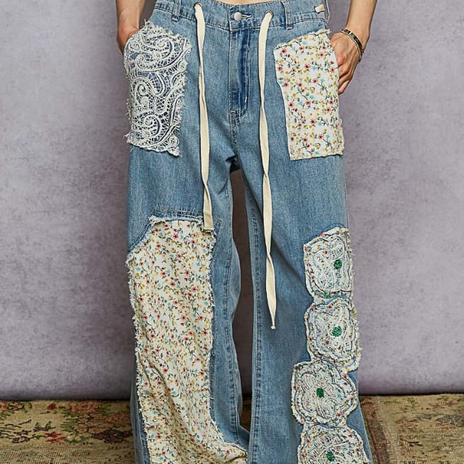 Drawstring Floral Patch Denim Pants POL