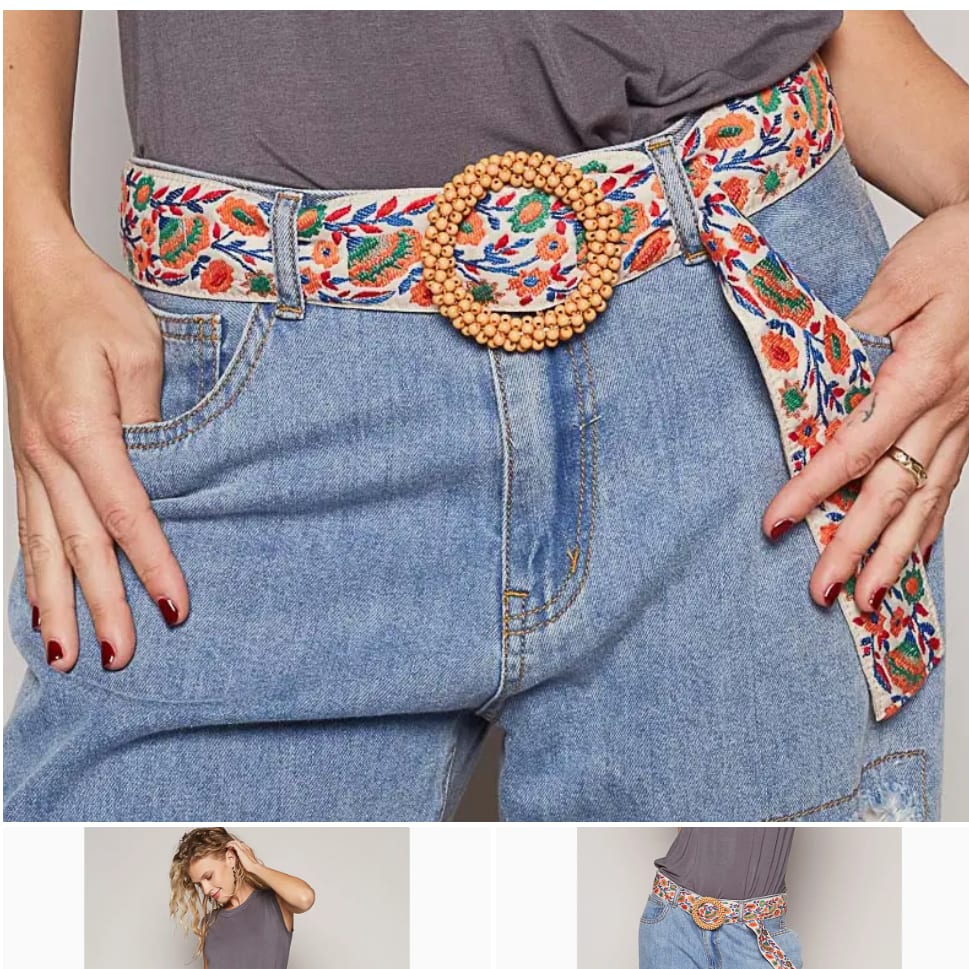 Beaded Circle Buckle Floral Pattern Belt POL