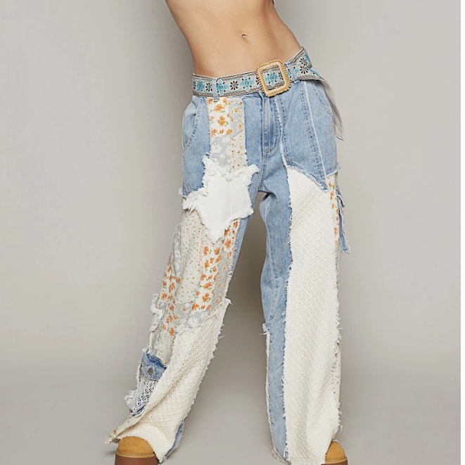 Printed Patchwork Detail Woven Twill Pants --  POL