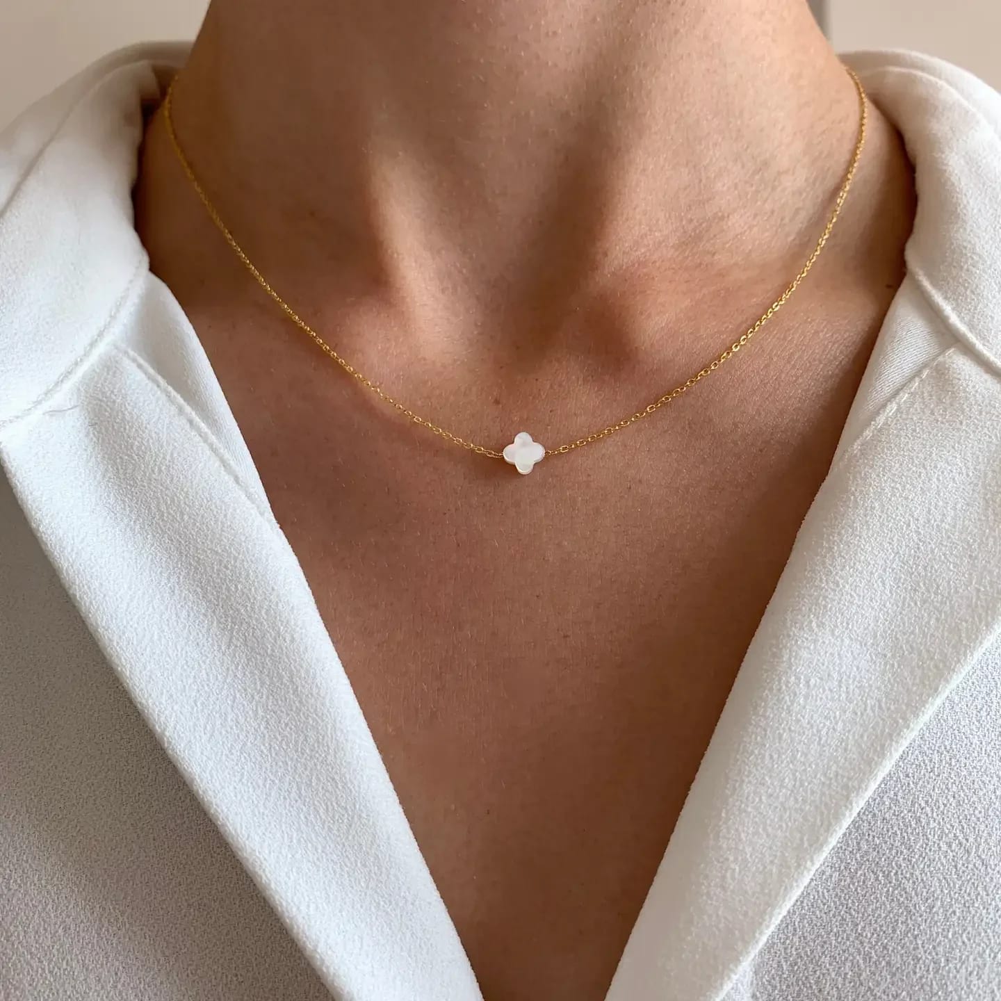 Stainless Steel White Mother-Of-Pearl Clover Pendant Necklace