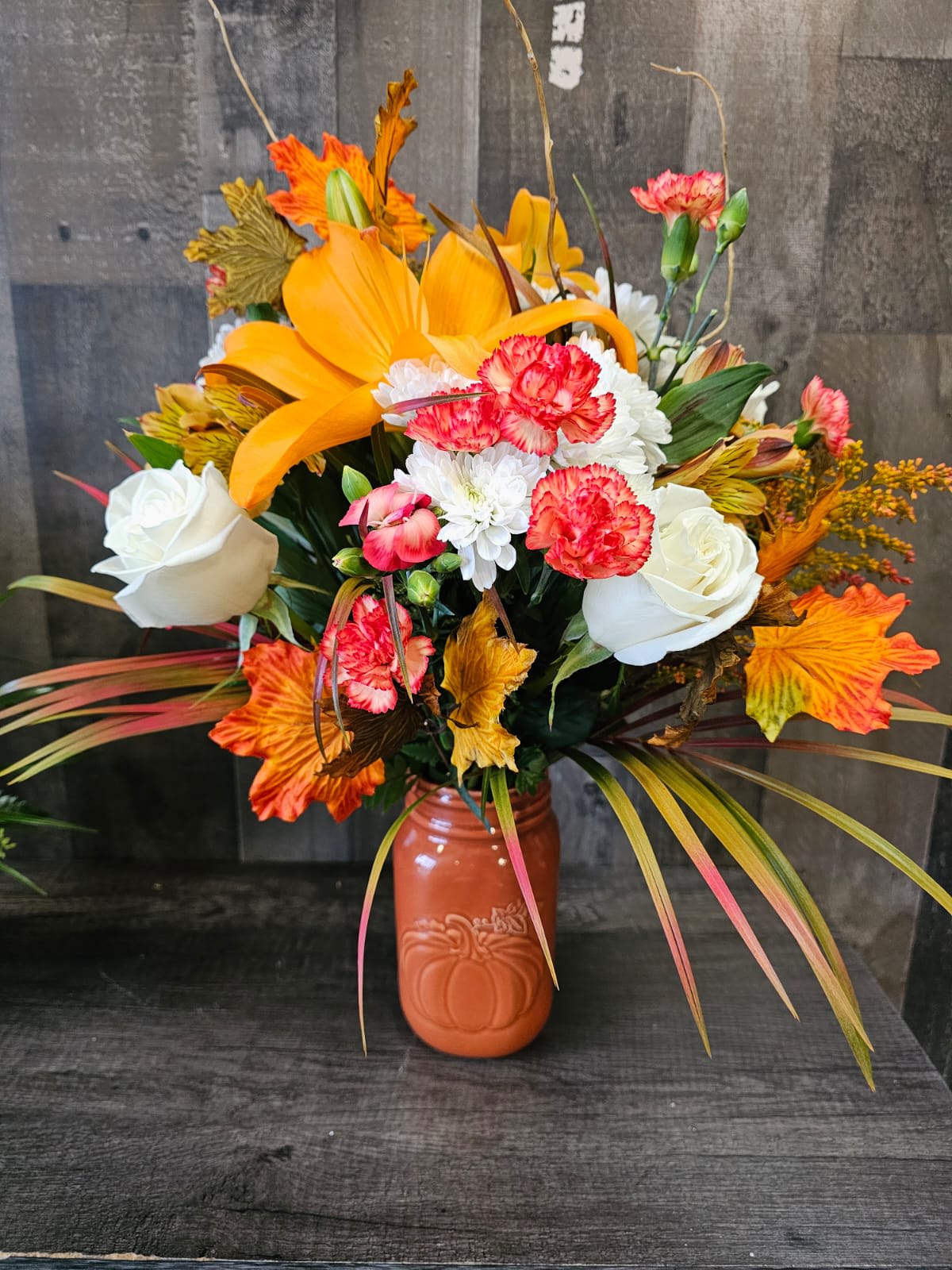 Orange Pumpkin Patch Jar Flower Bouquet