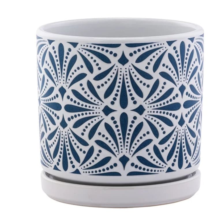 Blue & White Abstract Planter w/ Saucer