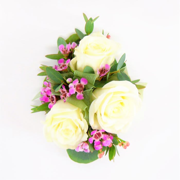 White Rose Wrist Corsage with Green & Lavender Accents